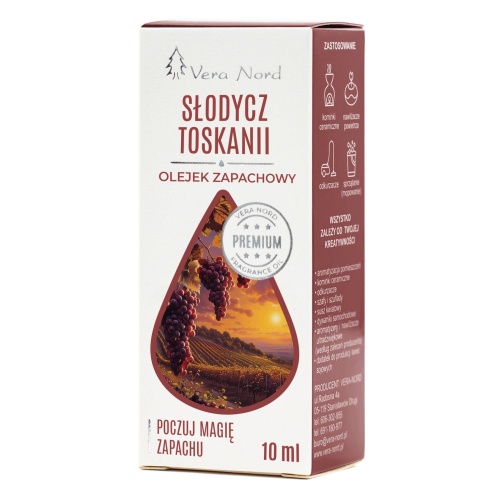 Vera Nord olejek zapachowy Słodycz Toskanii 10 ml.  Ładny, intensywny zapach. Głównym zastosowaniem Naszego olejku jest aromatyzacja pomieszczeń, kominki ceramiczne, nawilżacze powietrza, dyfuzory ultrasoniczne, odkurzacze wodne, produkcja kosmetyków.