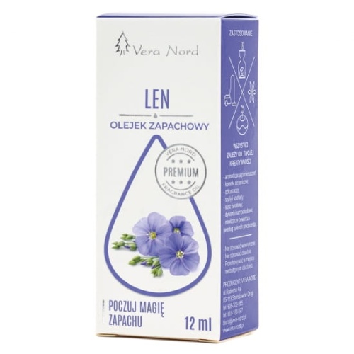 Vera Nord olejek zapachowy Len 10 ml.  Ładny, intensywny zapach. Głównym zastosowaniem Naszego olejku jest aromatyzacja pomieszczeń, kominki ceramiczne, nawilżacze powietrza, dyfuzory ultrasoniczne, odkurzacze wodne, produkcja kosmetyków.