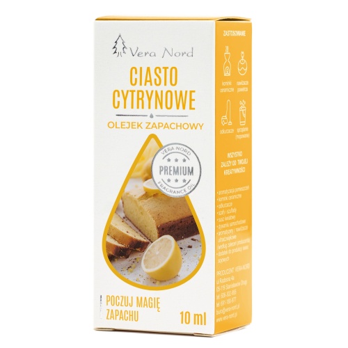 Vera Nord olejek zapachowy Ciasto Cytrynowe 10 ml.  Ładny, intensywny zapach. Głównym zastosowaniem Naszego olejku jest aromatyzacja pomieszczeń, kominki ceramiczne, nawilżacze powietrza, dyfuzory ultrasoniczne, odkurzacze wodne, produkcja kosmetyków.