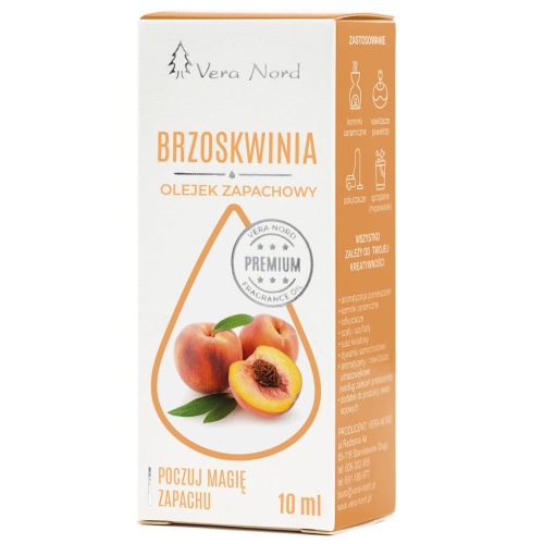 Vera Nord olejek zapachowy Brzoskwinia 10 ml.  Ładny, intensywny zapach. Głównym zastosowaniem Naszego olejku jest aromatyzacja pomieszczeń, kominki ceramiczne, nawilżacze powietrza, dyfuzory ultrasoniczne, odkurzacze wodne, produkcja kosmetyków.