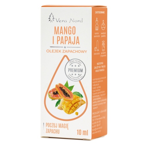 Vera Nord olejek zapachowy Mango i Papaja 10 ml.  Ładny, intensywny zapach. Głównym zastosowaniem Naszego olejku jest aromatyzacja pomieszczeń, kominki ceramiczne, nawilżacze powietrza, dyfuzory ultrasoniczne, odkurzacze wodne, produkcja kosmetyków.