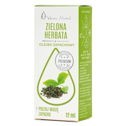 Vera Nord olejek zapachowy Zielona Herbata 10 ml.  Ładny, intensywny zapach. Głównym zastosowaniem Naszego olejku jest aromatyzacja pomieszczeń, kominki ceramiczne, nawilżacze powietrza, dyfuzory ultrasoniczne, odkurzacze wodne, produkcja kosmetyków.