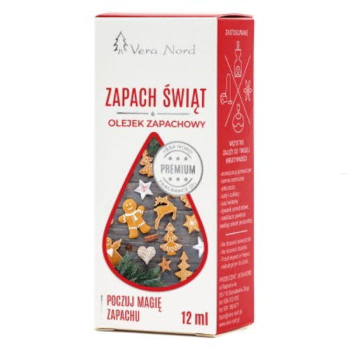 Vera Nord olejek zapachowy Zapach Świąt 10 ml.  Ładny, intensywny zapach. Głównym zastosowaniem Naszego olejku jest aromatyzacja pomieszczeń, kominki ceramiczne, nawilżacze powietrza, dyfuzory ultrasoniczne, odkurzacze wodne, produkcja kosmetyków.
