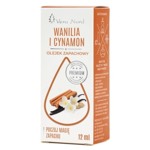 Vera Nord olejek zapachowy Wanilia i Cynamon 10 ml.  Ładny, intensywny zapach. Głównym zastosowaniem Naszego olejku jest aromatyzacja pomieszczeń, kominki ceramiczne, nawilżacze powietrza, dyfuzory ultrasoniczne, odkurzacze wodne, produkcja kosmetyków.