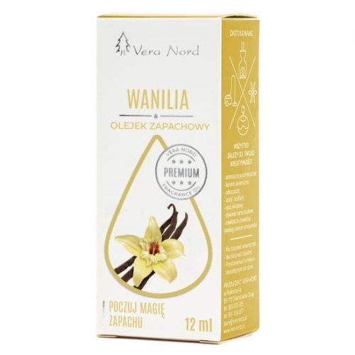 Vera Nord olejek zapachowy Wanilia 10 ml.  Ładny, intensywny zapach. Głównym zastosowaniem Naszego olejku jest aromatyzacja pomieszczeń, kominki ceramiczne, nawilżacze powietrza, dyfuzory ultrasoniczne, odkurzacze wodne, produkcja kosmetyków.