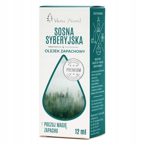 Vera Nord olejek zapachowy Sosna Syberyjska 10 ml.  Ładny, intensywny zapach. Głównym zastosowaniem Naszego olejku jest aromatyzacja pomieszczeń, kominki ceramiczne, nawilżacze powietrza, dyfuzory ultrasoniczne, odkurzacze wodne, produkcja kosmetyków.
