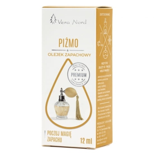 Vera Nord olejek zapachowy Piżmo 10 ml.  Ładny, intensywny zapach. Głównym zastosowaniem Naszego olejku jest aromatyzacja pomieszczeń, kominki ceramiczne, nawilżacze powietrza, dyfuzory ultrasoniczne, odkurzacze wodne, produkcja kosmetyków.