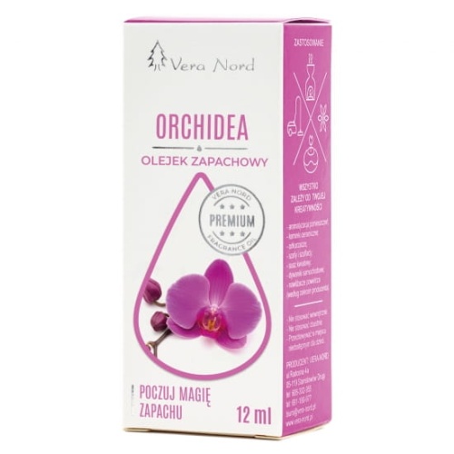 Vera Nord olejek zapachowy Orchidea 10 ml.  Ładny, intensywny zapach. Głównym zastosowaniem Naszego olejku jest aromatyzacja pomieszczeń, kominki ceramiczne, nawilżacze powietrza, dyfuzory ultrasoniczne, odkurzacze wodne, produkcja kosmetyków.