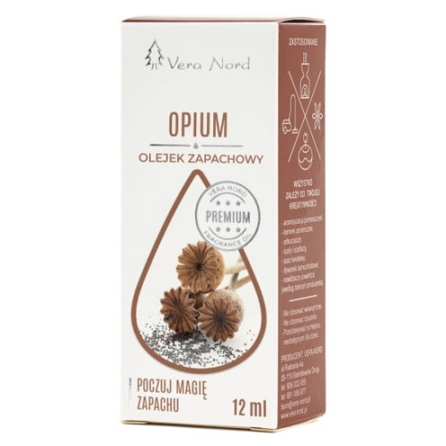Vera Nord olejek zapachowy Opium 10 ml.  Ładny, intensywny zapach. Głównym zastosowaniem Naszego olejku jest aromatyzacja pomieszczeń, kominki ceramiczne, nawilżacze powietrza, dyfuzory ultrasoniczne, odkurzacze wodne, produkcja kosmetyków.