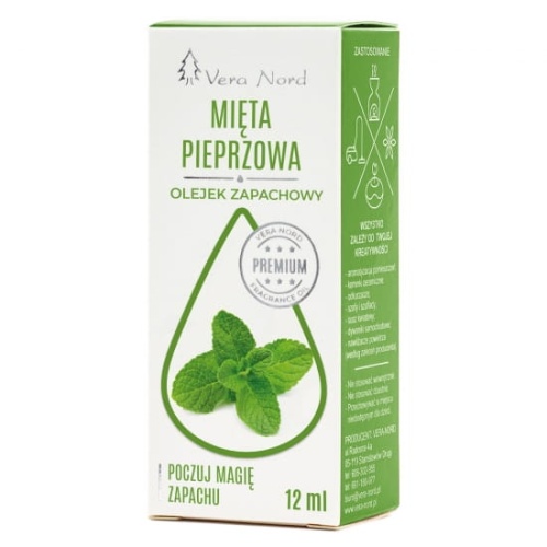 Vera Nord olejek zapachowy Mięta Pieprzowa 10 ml.  Ładny, intensywny zapach. Głównym zastosowaniem Naszego olejku jest aromatyzacja pomieszczeń, kominki ceramiczne, nawilżacze powietrza, dyfuzory ultrasoniczne, odkurzacze wodne, produkcja kosmetyków.