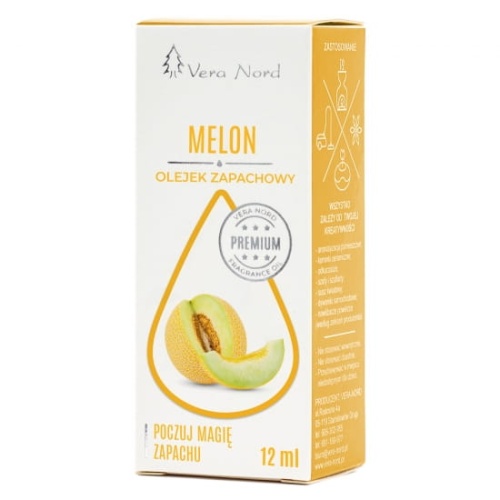 Vera Nord olejek zapachowy Melon 10 ml.  Ładny, intensywny zapach. Głównym zastosowaniem Naszego olejku jest aromatyzacja pomieszczeń, kominki ceramiczne, nawilżacze powietrza, dyfuzory ultrasoniczne, odkurzacze wodne, produkcja kosmetyków.