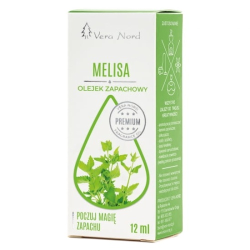 Vera Nord olejek zapachowy Melisa 10 ml.  Ładny, intensywny zapach. Głównym zastosowaniem Naszego olejku jest aromatyzacja pomieszczeń, kominki ceramiczne, nawilżacze powietrza, dyfuzory ultrasoniczne, odkurzacze wodne, produkcja kosmetyków.