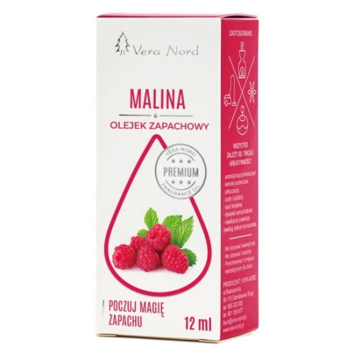 Vera Nord olejek zapachowy Malina 10 ml.  Ładny, intensywny zapach. Głównym zastosowaniem Naszego olejku jest aromatyzacja pomieszczeń, kominki ceramiczne, nawilżacze powietrza, dyfuzory ultrasoniczne, odkurzacze wodne, produkcja kosmetyków.