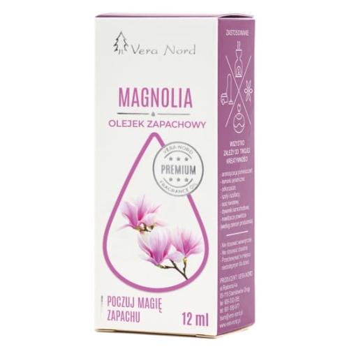 Vera Nord olejek zapachowy Magnolia 10 ml.  Ładny, intensywny zapach. Głównym zastosowaniem Naszego olejku jest aromatyzacja pomieszczeń, kominki ceramiczne, nawilżacze powietrza, dyfuzory ultrasoniczne, odkurzacze wodne, produkcja kosmetyków.