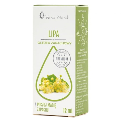 Vera Nord olejek zapachowy Lipa 10 ml.  Ładny, intensywny zapach. Głównym zastosowaniem Naszego olejku jest aromatyzacja pomieszczeń, kominki ceramiczne, nawilżacze powietrza, dyfuzory ultrasoniczne, odkurzacze wodne, produkcja kosmetyków.