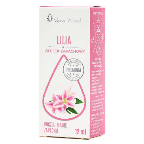 Vera Nord olejek zapachowy Lilia 10 ml.  Ładny, intensywny zapach. Głównym zastosowaniem Naszego olejku jest aromatyzacja pomieszczeń, kominki ceramiczne, nawilżacze powietrza, dyfuzory ultrasoniczne, odkurzacze wodne, produkcja kosmetyków.