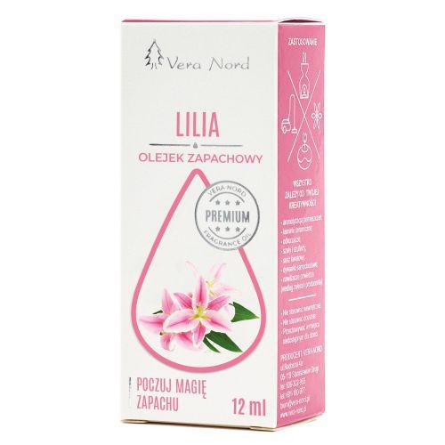 Vera Nord olejek zapachowy Lilia 10 ml.  Ładny, intensywny zapach. Głównym zastosowaniem Naszego olejku jest aromatyzacja pomieszczeń, kominki ceramiczne, nawilżacze powietrza, dyfuzory ultrasoniczne, odkurzacze wodne, produkcja kosmetyków.