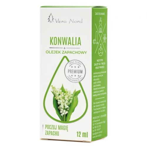 Vera Nord olejek zapachowy Konwalia 10 ml.  Ładny, intensywny zapach. Głównym zastosowaniem Naszego olejku jest aromatyzacja pomieszczeń, kominki ceramiczne, nawilżacze powietrza, dyfuzory ultrasoniczne, odkurzacze wodne, produkcja kosmetyków.