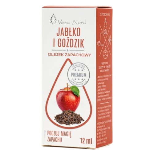 Vera Nord olejek zapachowy Jabłko i Goździk 10 ml.  Ładny, intensywny zapach. Głównym zastosowaniem Naszego olejku jest aromatyzacja pomieszczeń, kominki ceramiczne, nawilżacze powietrza, dyfuzory ultrasoniczne, odkurzacze wodne, produkcja kosmetyków.