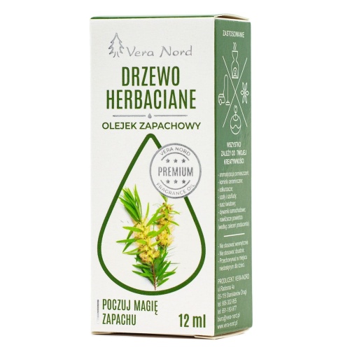 Vera Nord olejek zapachowy Drzewo Herbaciane 10 ml.  Ładny, intensywny zapach. Głównym zastosowaniem Naszego olejku jest aromatyzacja pomieszczeń, kominki ceramiczne, nawilżacze powietrza, dyfuzory ultrasoniczne, odkurzacze wodne, produkcja kosmetyków.