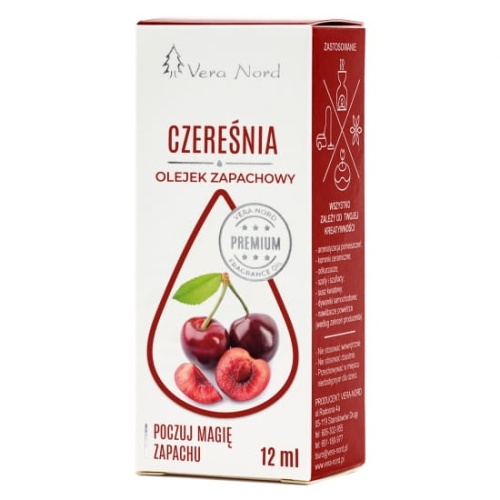 Vera Nord olejek zapachowy Czereśnia 10 ml.  Ładny, intensywny zapach. Głównym zastosowaniem Naszego olejku jest aromatyzacja pomieszczeń, kominki ceramiczne, nawilżacze powietrza, dyfuzory ultrasoniczne, odkurzacze wodne, produkcja kosmetyków.