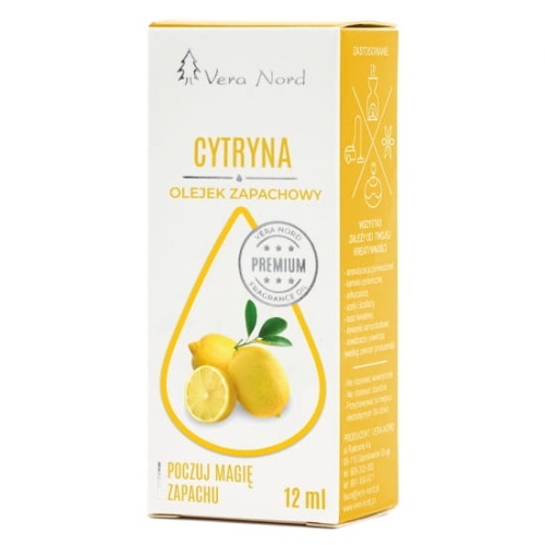 Vera Nord olejek zapachowy Cytryna 10 ml.  Ładny, intensywny zapach. Głównym zastosowaniem Naszego olejku jest aromatyzacja pomieszczeń, kominki ceramiczne, nawilżacze powietrza, dyfuzory ultrasoniczne, odkurzacze wodne, produkcja kosmetyków.