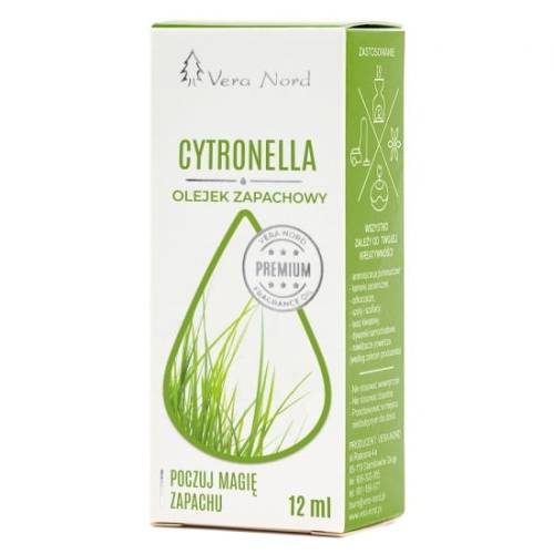 Vera Nord olejek zapachowy Cytronella 10 ml.  Ładny, intensywny zapach. Głównym zastosowaniem Naszego olejku jest aromatyzacja pomieszczeń, kominki ceramiczne, nawilżacze powietrza, dyfuzory ultrasoniczne, odkurzacze wodne, produkcja kosmetyków.