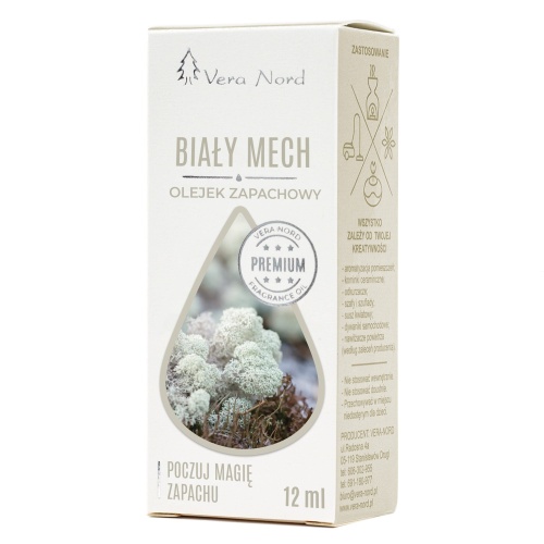 Vera Nord olejek zapachowy Biały Mech 10 ml.  Ładny, intensywny zapach. Głównym zastosowaniem Naszego olejku jest aromatyzacja pomieszczeń, kominki ceramiczne, nawilżacze powietrza, dyfuzory ultrasoniczne, odkurzacze wodne, produkcja kosmetyków.