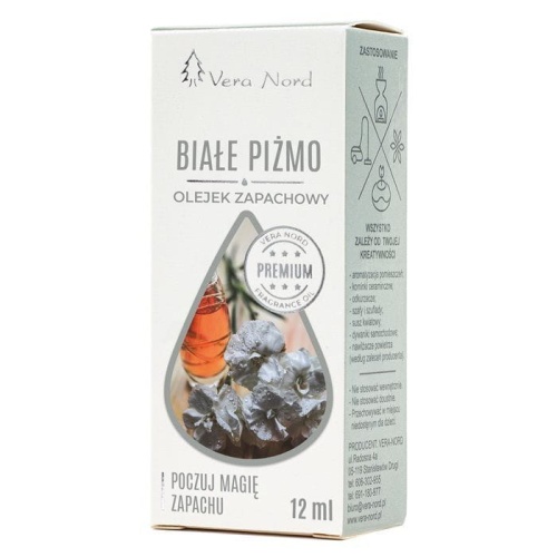 Vera Nord olejek zapachowy Białe Piżmo 10 ml.  Ładny, intensywny zapach. Głównym zastosowaniem Naszego olejku jest aromatyzacja pomieszczeń, kominki ceramiczne, nawilżacze powietrza, dyfuzory ultrasoniczne, odkurzacze wodne, produkcja kosmetyków.