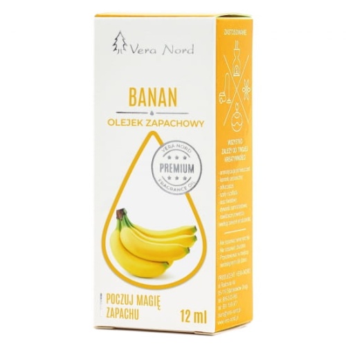 Vera Nord olejek zapachowy Banan 10 ml.  Ładny, intensywny zapach. Głównym zastosowaniem Naszego olejku jest aromatyzacja pomieszczeń, kominki ceramiczne, nawilżacze powietrza, dyfuzory ultrasoniczne, odkurzacze wodne, produkcja kosmetyków.