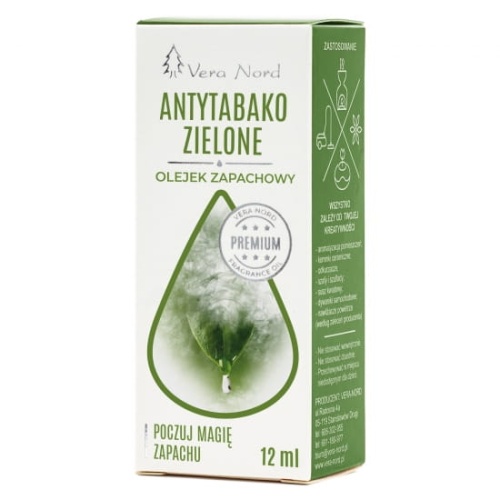 Vera Nord olejek zapachowy  Antytabako Zielone 10 ml.  Ładny, intensywny zapach. Głównym zastosowaniem Naszego olejku jest aromatyzacja pomieszczeń, kominki ceramiczne, nawilżacze powietrza, dyfuzory ultrasoniczne, odkurzacze wodne, produkcja kosmetyków.