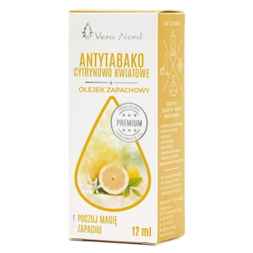 Vera Nord olejek zapachowy Antytabako Cytrynowo-Kwiatowe 10 ml.  Ładny, intensywny zapach. Głównym zastosowaniem Naszego olejku jest aromatyzacja pomieszczeń, kominki ceramiczne, nawilżacze powietrza, odkurzacze wodne, produkcja kosmetyków.