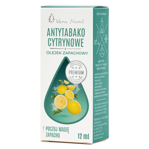 Vera Nord olejek zapachowy Antytabako Cytrynowe 10 ml.  Ładny, intensywny zapach. Głównym zastosowaniem Naszego olejku jest aromatyzacja pomieszczeń, kominki ceramiczne, nawilżacze powietrza, dyfuzory ultrasoniczne, odkurzacze wodne, produkcja kosmetyków.