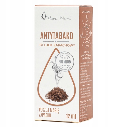 Vera Nord olejek zapachowy Antytabako 10 ml.  Ładny, intensywny zapach. Głównym zastosowaniem Naszego olejku jest aromatyzacja pomieszczeń, kominki ceramiczne, nawilżacze powietrza, dyfuzory ultrasoniczne, odkurzacze wodne, produkcja kosmetyków.