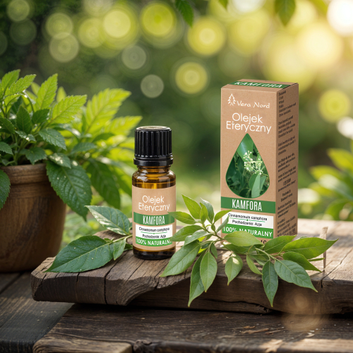 Vera Nord olejek eteryczny Kamfora 10 ml. 100% naturalny i organiczny. Niezastąpiony przy przeziębieniach i grypie, chorobach zakaźnych, zapaleniu oskrzeli, kaszlu , bólach mięśniowych. Może być stosowany w leczeniu depresji nerwowej.