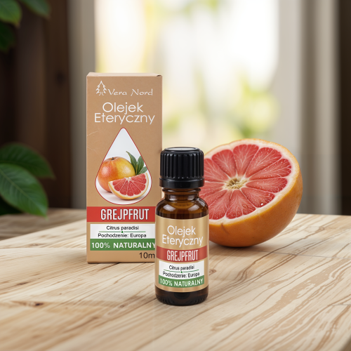 Vera Nord olejek eteryczny Grejpfrut 10 ml. 100% naturalny i organiczny. Wzmacnia układ odpornościowy, łagodzi depresję, reguluje apetyt, usuwa toksyny z organizmu. Ma działanie tonizujące i relaksujące.