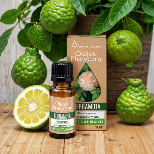 Vera Nord olejek eteryczny Bergamota 10 ml. 100% naturalny i organiczny. Łagodzi napięcia emocjonalne, stresy i stany depresyjne. Zalecany w problemach menopauzalnych. Poprawia samopoczucie i mobilizuje umysł do pracy.