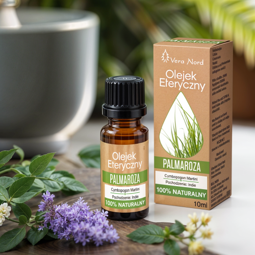 Vera Nord olejek eteryczny Palmaroza 10 ml. 100% naturalny i organiczny. Wycisza umysł i oczyszcza myśli. Dba o skórę równoważąc poziom nawilżenia i stymulując regenerację komórek.
