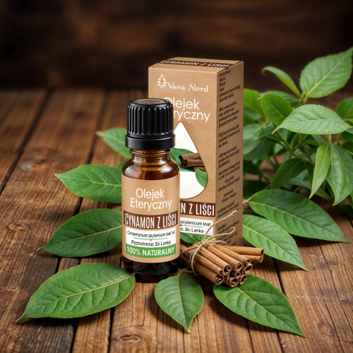 Vera Nord olejek eteryczny Cynamon z liści 10 ml. 100% naturalny i organiczny. Wykazuje działanie uspokajające. Wzmacnia skórę, poprawia jej koloryt, napięcie i kondycję.