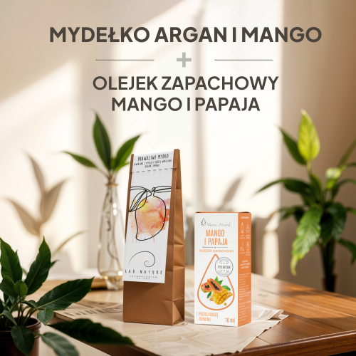 Olejek Zapachowy MANGO I PAPAJA Vera-Nord + Mydło dla skóry wrażliwej.  Nadaj twojemu mieszkaniu zapach odpowiadający twoim potrzebom. Wykorzystaj do tego kominki ceramiczne lub inne sposoby jakie Ci przyjdą do głowy.