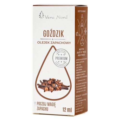Vera Nord olejek zapachowy Goździk 10 ml.  Ładny, intensywny zapach. Głównym zastosowaniem Naszego olejku jest aromatyzacja pomieszczeń, kominki ceramiczne, nawilżacze powietrza, dyfuzory ultrasoniczne, odkurzacze wodne, produkcja kosmetyków.