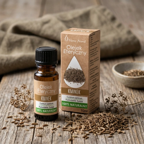 Vera Nord olejek eteryczny Kminek 10 ml. 100% naturalny i organiczny. Ma działanie: tonizujące, antyseptyczne i bakteriobójcze, a także napotne, moczopędne i oczyszczające. Jest doskonały w walce z cellulitem. Idealny po treningu dla zmęczonych mięśni.