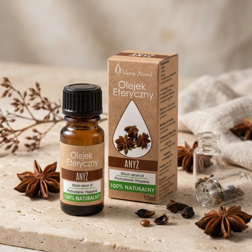 Vera Nord olejek eteryczny Anyż 10 ml. 100% naturalny i organiczny. Odpręża i relaksuje organizm, odświeża i poprawia kondycję skóry. Łagodzi astmę i inne problemy z oddychaniem. Zapobiega infekcjom. Posiada właściwości antybakteryjne.