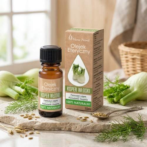 Vera Nord olejek eteryczny Koper Włoski 10 ml. 100% naturalny i organiczny. Działa oczyszczająco i tonizująco, wzmacnia kruche naczynka krwionośne. Świetny dla cery dojrzałej, wygładza zmarszczki.