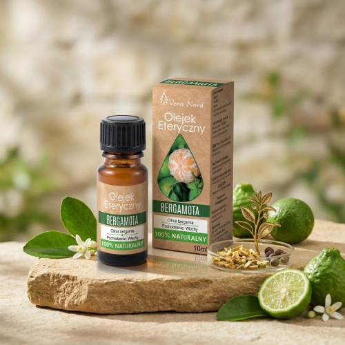 Vera Nord olejek eteryczny Bergamota 10 ml. 100% naturalny i organiczny. Łagodzi napięcia emocjonalne, stresy i stany depresyjne. Zalecany w problemach menopauzalnych. Poprawia samopoczucie i mobilizuje umysł do pracy.