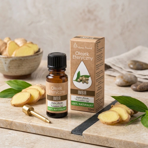 Vera Nord olejek eteryczny Imbir 10 ml. 100% naturalny i organiczny. Działa pobudzająco i przeciwdepresyjnie. Łagodzi stany niepokoju i lęku. Środek przeciwbólowy, przeciwwymiotny, antyseptyczny, przeciwskurczowy.