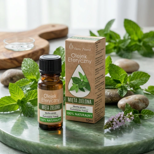 Vera Nord olejek eteryczny Mięta zielona 10 ml. 100% naturalny i organiczny. Posiada właściwości antybakteryjne, łagodzi bóle głowy. Zmniejsza pojawianie się zmarszczek i niedoskonałości skóry, takich jak przebarwienia.