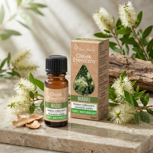 Vera Nord olejek eteryczny Niaouli 10 ml. 100% naturalny i organiczny. Łagodzi dolegliwości takie jak trądzik, oparzenia. Pomaga zwiększyć koncentrację. Doskonale sprawdza się przy zwalczaniu infekcji takich jak przeziębienie, gorączka, grypa.