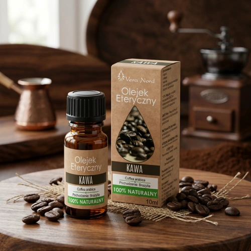 Vera Nord olejek eteryczny Kawa 10 ml. 100% naturalny i organiczny. Ma działanie pobudzające. Poprawia nastrój, może pomóc w złagodzeniu niektórych stanów psychicznych i ich skutków ubocznych.