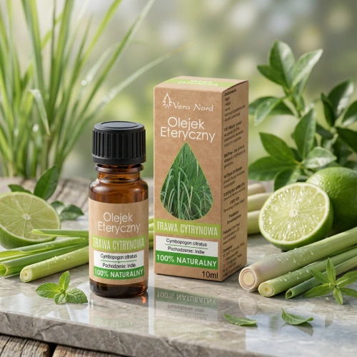 Vera Nord olejek eteryczny Trawa cytrynowa 10 ml. 100% naturalny i organiczny. Łagodzi bóle głowy i mięśni. Poprawia krążenie. Pomocny w sytuacjach dużego stresu oraz wyczerpania nerwowego.